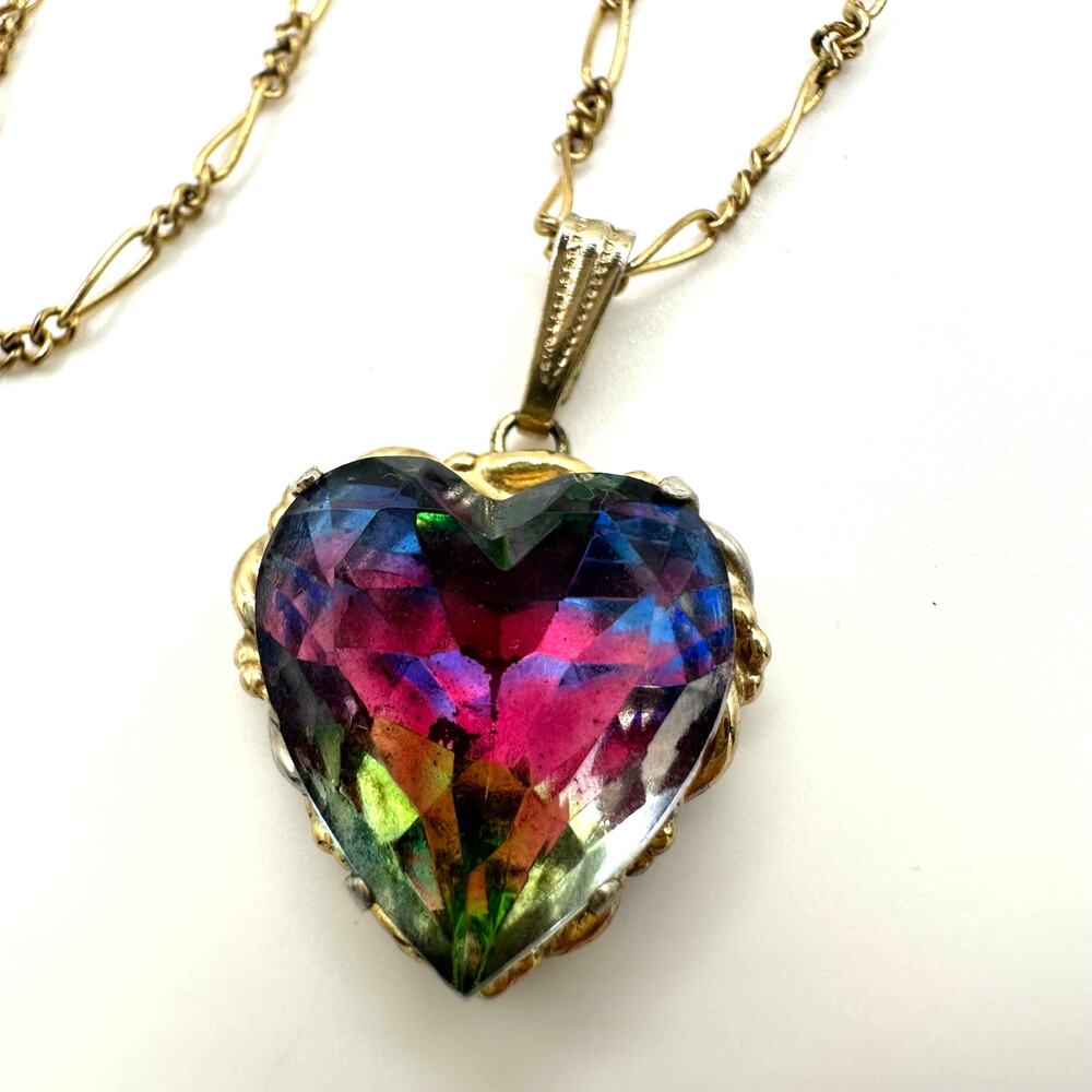 Vintage iris glass heart pendant on Atlas 12kt gold filled 18” chain necklace